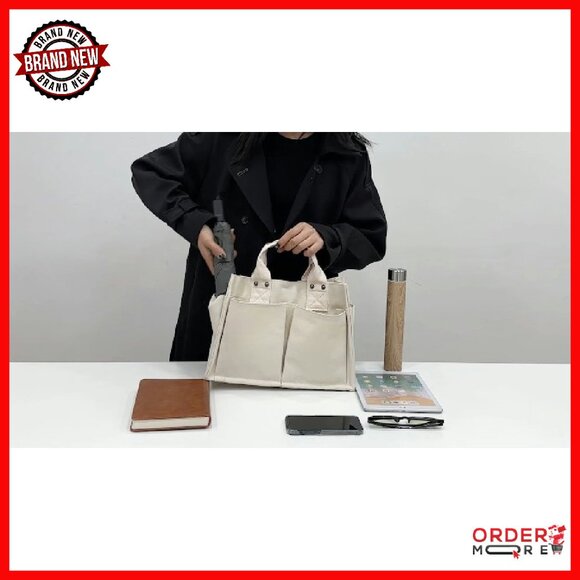 Multi Pocket Canvas Tote Bag for Women - 13.4\